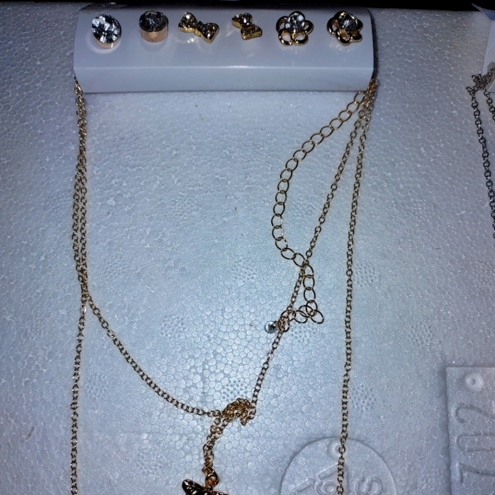 Queen Bee gold tone Earrings and double layer necklace